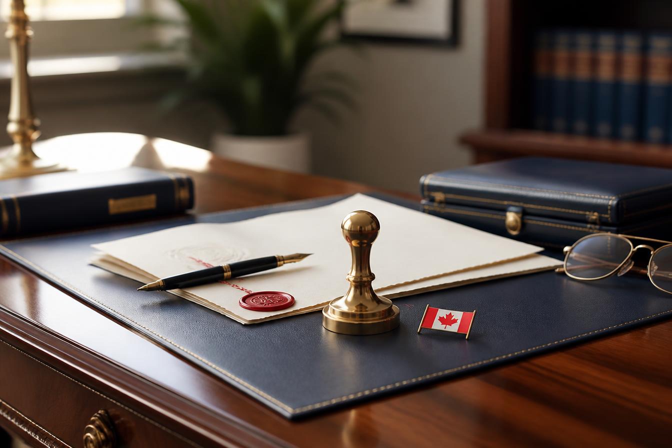 Professional notary desk with official seal, documents and pen